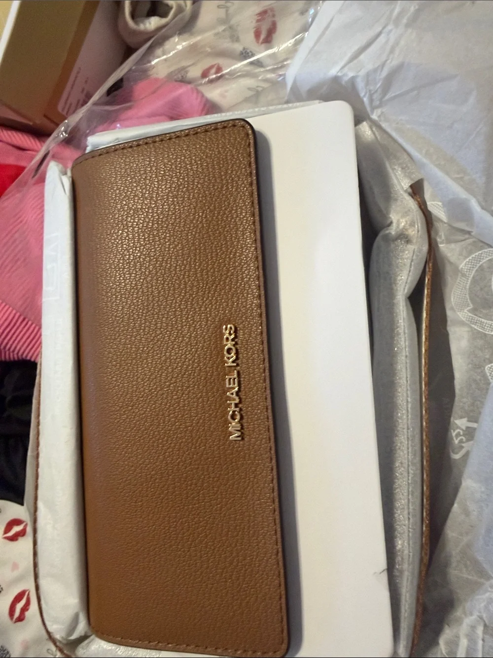 Michael Kors Cognac Pebbled Leather Continental Wallet with Gold Logo